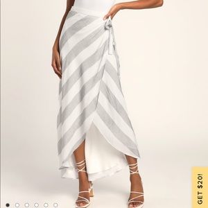 Grey and White Striped Wrap Maxi Skirt